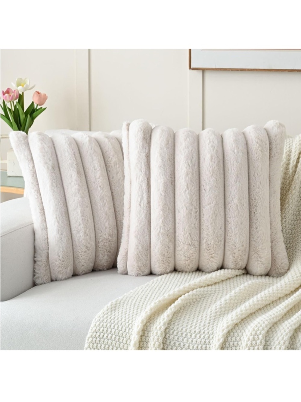 FUTEl Beige Decorative Throw Pillow Covers Square Soft Faux Rabbit Fur 913-bb8s